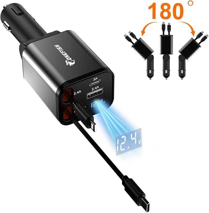 OneFish Starlight Fast Car Charger, 4 in 1 Cigarette Lighter Chargers with USB Type C Ports Retractable Cord Display, for iPhone 17 16 15 14 Pro Max Plus/iPad, Car Truck Essentials Gift for Women Men