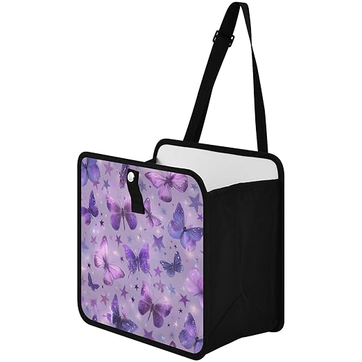 Car Trash Can Organizer Bin with Adjustable Strap for Back Front Seat Console Waterproof Leakproof Collapsible Portable 8.66 Inch Purple Dreamy Butterflies and Stars