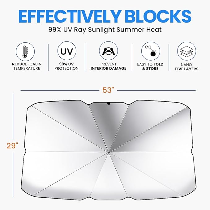 Andalus Brands Windshield Sun Shade for Cars, SUVs & Trucks – Foldable Umbrella Sun Visor for Car, Heat & UV Protector with Storage Pouch (Small (53x29 inch))