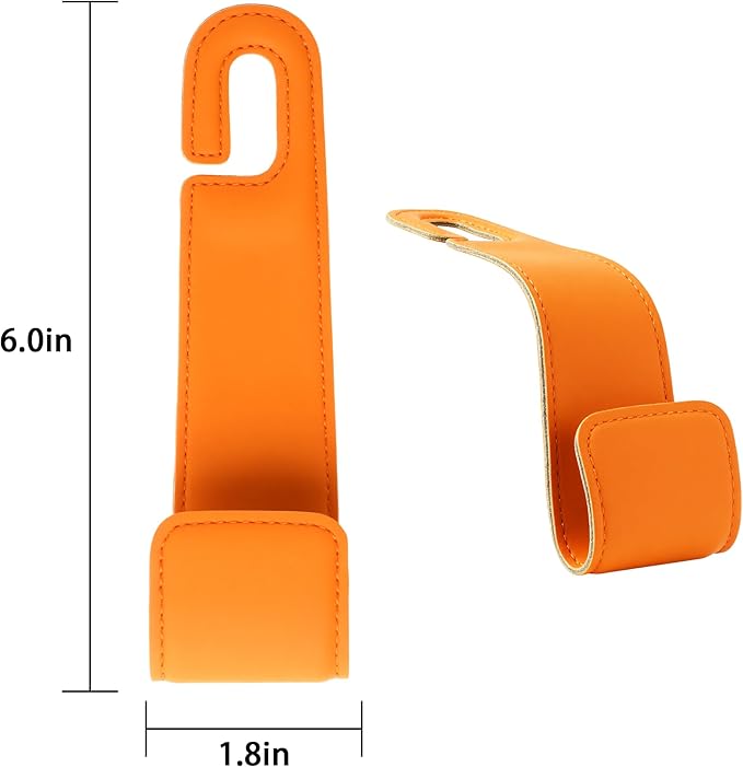 Romiona Leather Car Purse Hooks with Larger Strap Holder Purse Hook Purse Holder for car car seat Back Hooks Automotive seat Back Organizer headrest Hooks for Bags and Purse (Orange, 2pcs)