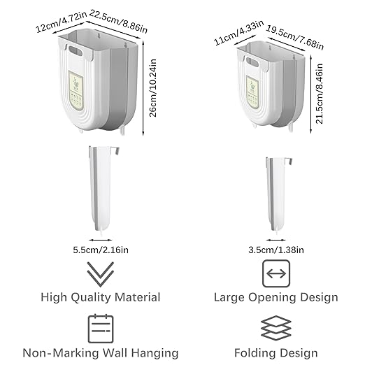 2PCS Hanging Kitchen Trash Can, Collapsible Trash can for Kitchen, Wall Mounted Foldable Small Garbage Can Compost Bin, 6L+10L Under Sink Waste Bin for Cabinet/Bedroom/Car/Bathroom (Grey)