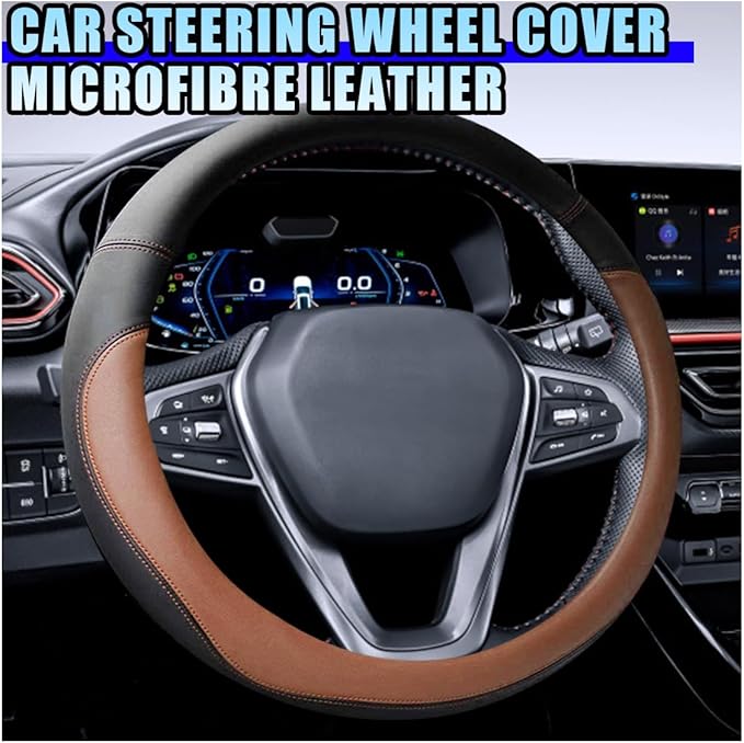 14.5"-15" Car Steering Wheel Cover, Microfiber Leather Breathable Wheel Cover, Anti-Slip Lining Steering Wheel Covers, Car Accessories Interior Decoration for Women Men (Coffee)