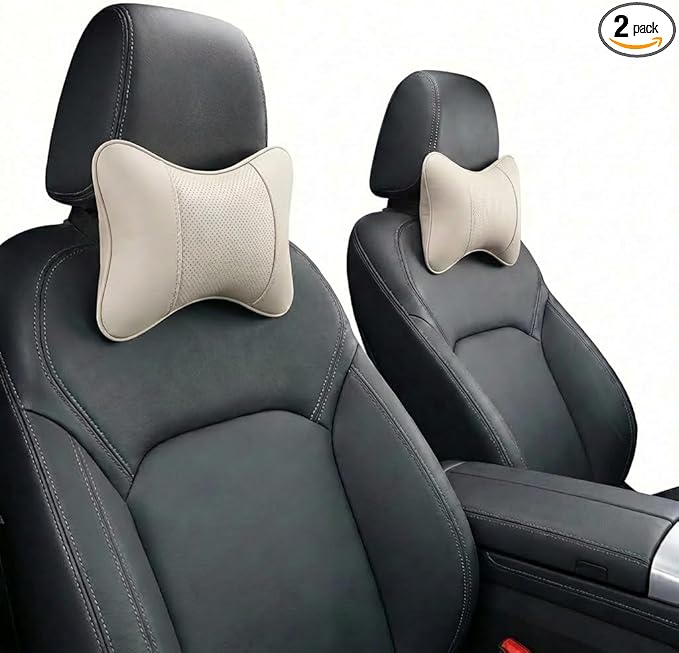 Car Pillow for Car Neck Pillow for Driving Seat Leather Neck Support Soft Cushion Back Support Head-Rests for Vehicle Sleeping with Elastic Adjustment Strap 2PCS (Neck, Beige)