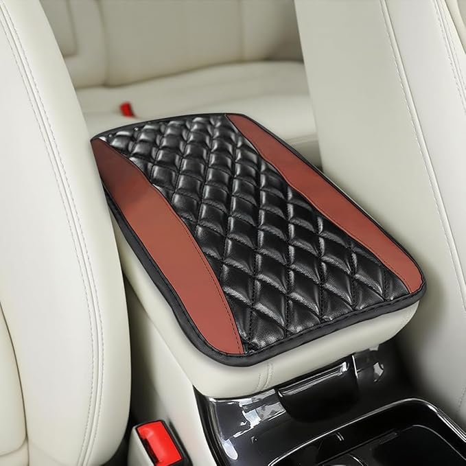 Car Center Console Cover, Comfortable PU Leather Vehicle Armrest Storage Box Cushion Pad, Anti-Scratch Automotive Interior Arm Rest Cover Protector, Universal for Truck SUV Sedan (Brown)
