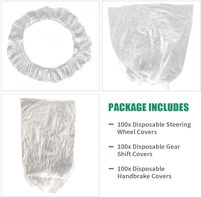 300Pcs Clear Disposable Car Protective Covers Include 100Pcs Disposable Steering Wheel Covers 100Pcs Disposable Gear Shift Cover 100Pcs Disposable Handbrake Cover for Auto Car Accessories