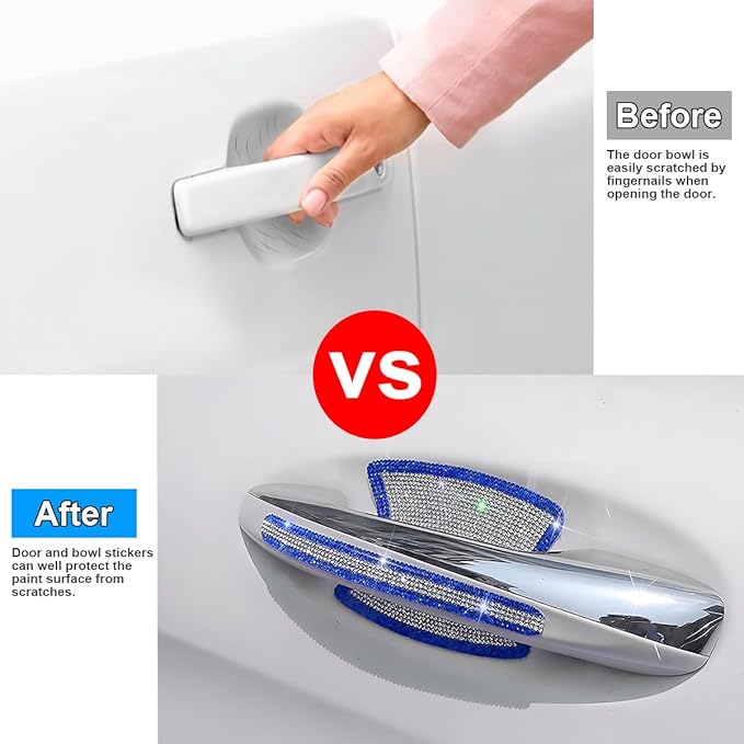 Mandark 8PCS Bling Car Door Handle Protector, Crystal Rhinestone Vehicle Door Bowl Protective Sticker, Glitter Anti-Scratch Auto Decor Decals Accessories, Universal for SUV, Sedan, Truck (Blue/White)