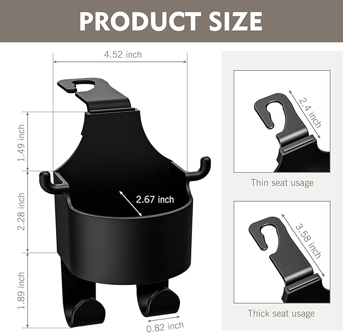 1 PC Seat Backrest Cup Holder, High Load Cell Phone/Mug/Umbrella Hanging Bag 3-in-1 PU Holder with Long/Short Hooks, Multi-functional Storage Accessory, Universal Fit for Most Cars (Black)