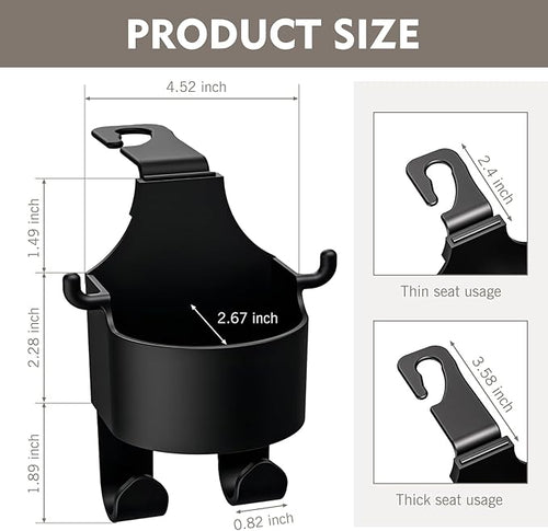 1 PC Seat Backrest Cup Holder, High Load Cell Phone/Mug/Umbrella Hanging Bag 3-in-1 PU Holder with Long/Short Hooks, Multi-functional Storage Accessory, Universal Fit for Most Cars (Black)