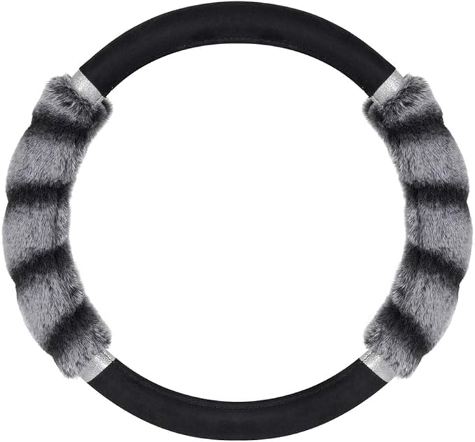 BDK Bear Fur Plush Steering Wheel Cover - Cute Faux Wool Protector for Women Girls Fits Wheels 14.5-15 inch Bear Fur - Black/Gray with Glitter
