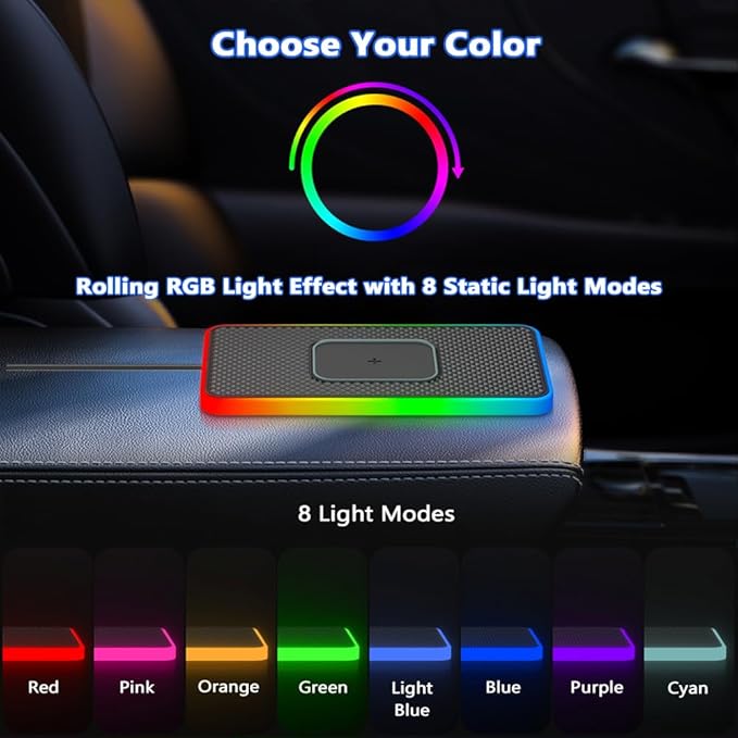 Cordless Car Charging Pad for Mini Electric, 5W/7.5W/10W/15W/20W Charging, Trim-to-Fit Non-Slip Phone Charging Mat with 8 Ambient Light Modes, 100cm Cable,A USB