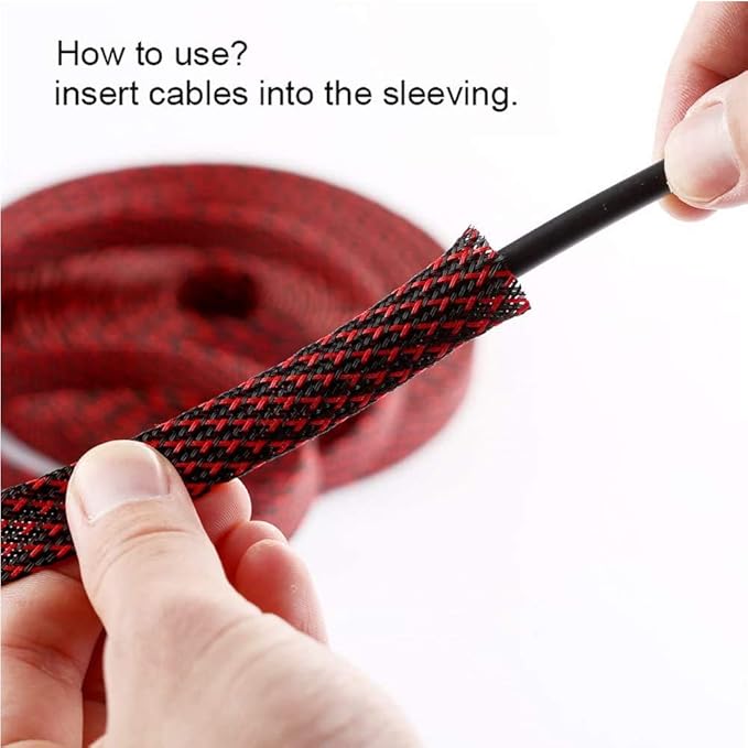 25ft - 1/4 Inch Cable Management Sleeve Protector,Wire Loom PET Expandable Wire Sleeving for Office TV Computer Home Theater Engine Bay Cord Organizer,Protect Cables from Pet Cat Dog Chewing,BlackRed