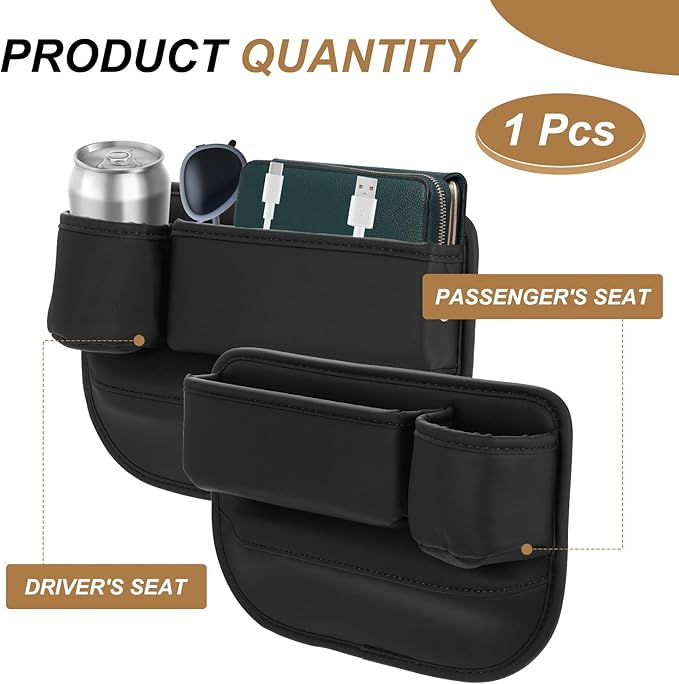 HARFINGTON Car Seat Gap Filler Organizer 11.8 x 8.3 x 2.2 Inch PU Universal Car Organizer Storage Box Between Seat and Console (Left) with Cup Holders for Phone Sunglasses Keys, Black