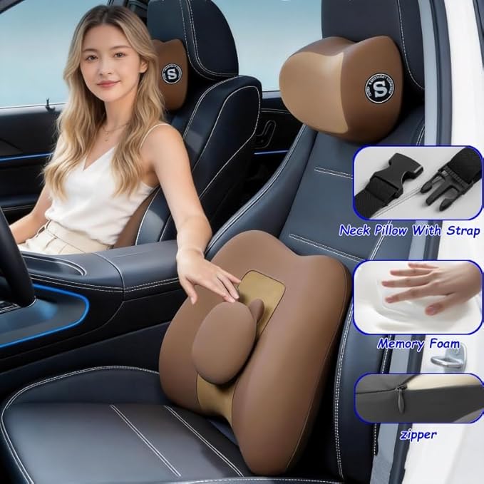 Car Lumbar Support and Neck Pillow for Driving Seat, Memory Foam Car Back Support Pillow & Headrest for Improve Posture, Driver Back Neck Sciatica Pain Relief Cushion (Black)