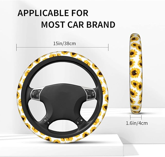 Yellow Sunflower Flower Steering Wheel Cover for Women Men with 2 Pcs Car Coasters, Universal 14.5-15 Inch Rainbow Steering Wheel Covers Non-Slip Car Accessories for Girls