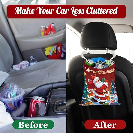 Santa Claus Print Car Trash Bag Portable Hanging Christmas Garbage Bag with Snap Buttons Back Seat Rubbish Storage Dustbin for Women Man Car Interior Accessories Kitchen Home Festival Gift