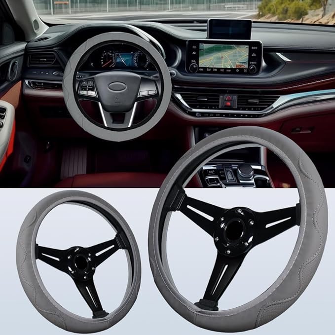 Elastic Steering Wheel Cover Gray Universal 14-15 inch Steering Wheel Covers Soft Microfiber Leather Breathable Anti-Slip Durable Car Accessories Fit for Suvs, Vans, Trucks
