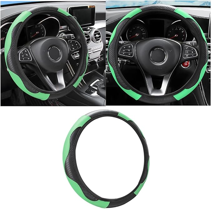Car Steering Wheel Cover, 15 inch Carbon Fiber Microfiber PU Leather Elastic Steering Wheel Protector for Men Women, Anti-Slip Breathable Car Interior Accessories for Most Cars (Green)
