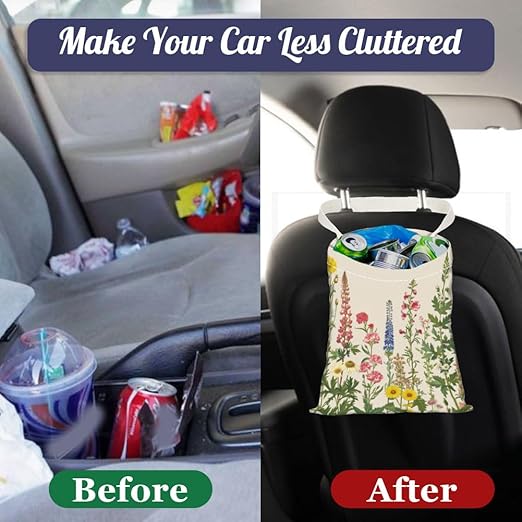 Various Wildflowers Print Car Trash Bag Portable Waterproof Hanging Garbage Bag with Snap Buttons Back Seat Rubbish Storage Dustbin for Car Interior Accessories Kitchen Home Travel