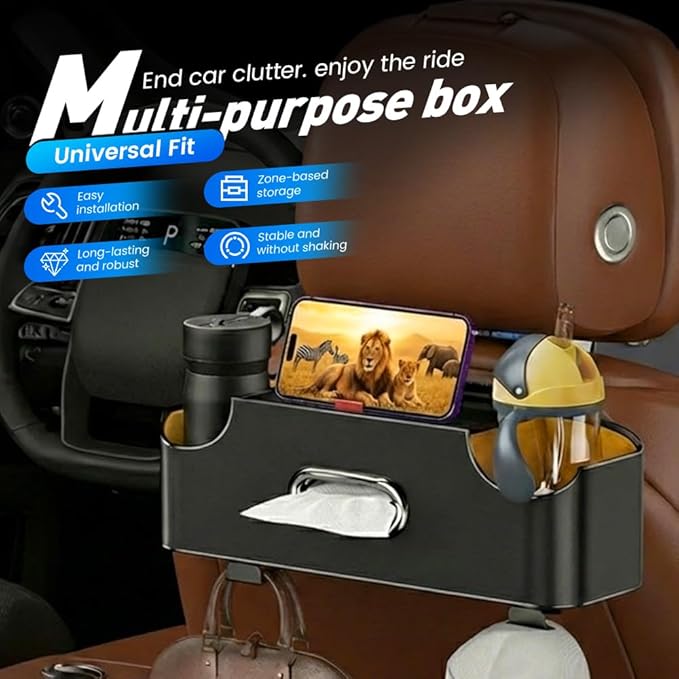 Car Backseat Organizer 3-in-1 Multifunctional Car Back Seat Storage Box with Drink Cup Holder Tissue Box Trash Bin & Hooks, Back Seat Car Organizer for Hold Phones,Drinks, and Handbags (Red)
