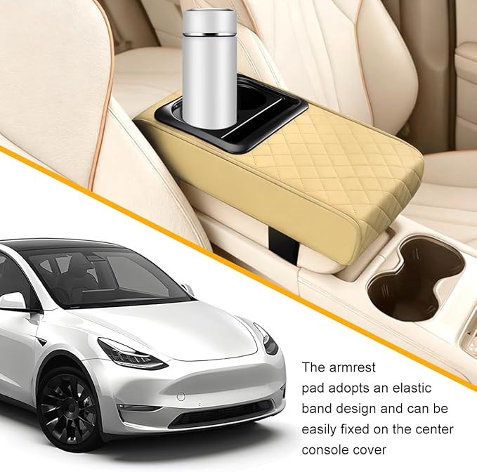 Car Center Console Armrest Pillow, Leather Vehicle Middle Console Protection Cushion with Cup & Phone Holder, Waterproof Automotive Arm Rest Box Cover, Universal Fit (Beige Rhombus)