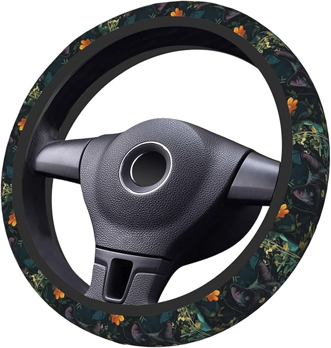 Car Steering Wheel Cover with Anti-Slip Lining, Universal 15 inch Wheel Cover, Fashion Car Interior Accessories for Women Men - Vintage Flower Black Cat