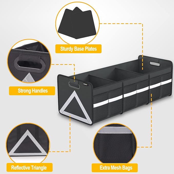 INFUOAP Trunk Organizer for SUV, 65L Large Universal trunk organizers for car with Multi Pockets, Foldable Heavy Duty Collapsible Trunk Storage Organizer with Reflective Stripe