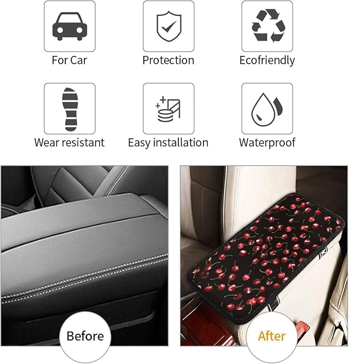 Cute Cherry Pattern Car Center Console Cover Red Fruit Car Armrest Cover Arm Rest Cover Universal Car Arm Rest Cover Black Car Interior Accessories Protector for Most Vehicle SUV Truck Vans