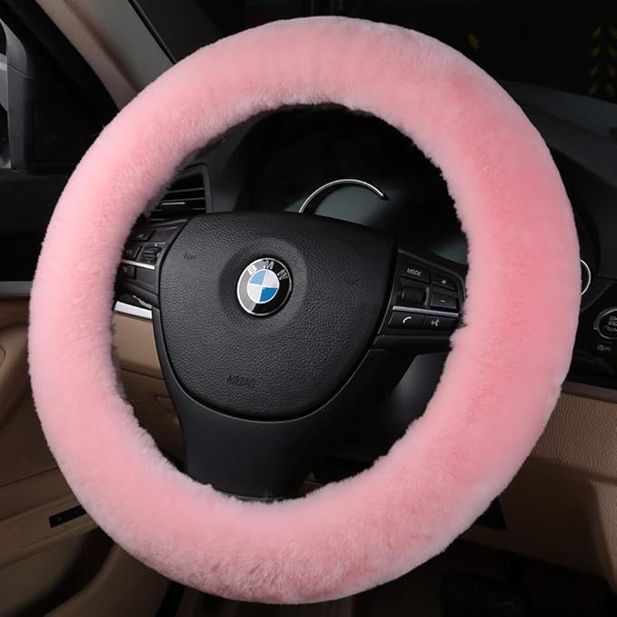 OGLAND Natural Fur Wool Sheepskin car Steering Wheel Cover,Protector for Universal Steering Wheel 15 Inchs, Anti-Slip,Comforting and Luxurious, Soft Texture, Gift for Women (Korean Pink)