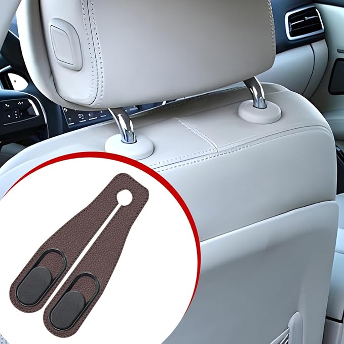 2PCS Car Seat Headrest Hook, Leather Dual Hook Vehicle Seat Back Storage Organizer for Purse Handbag Umbrella, Auto Backseat Groceries Hanger Holder, Universal for Truck SUV Sedan (Brown)