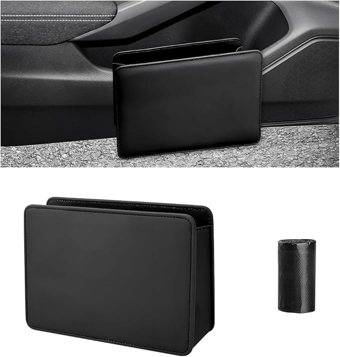 Car Trash Can, Leather Mini Dustbin Auto Storage Container with One Roll Trash Bag, Waterproof Foldable Garbage Organizer Interior Hanging Bag for Most Vehicles, Car Accessories (Black)