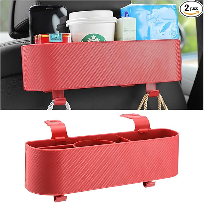 2PCS Car Backseat Cup Holder Organizer, Multifunctional Vehicle Headrest Storage Box with Strong Hooks, Automotive Interior Seat Back Hanging Box Accessories, Universal Fit (Red)