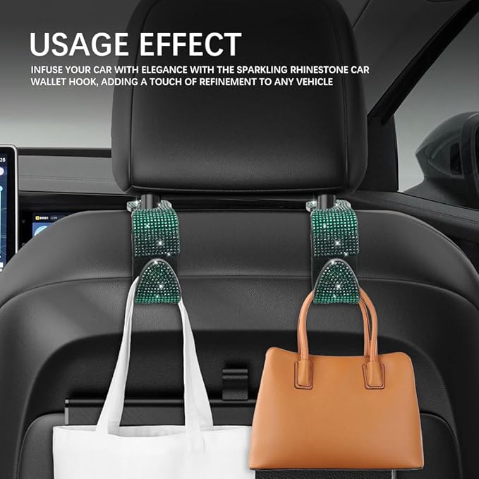 2PCS Car Seat Hooks, Purse Hook for Car, Crystal Rhinestone Vehicle Backseat Purse Holder, Auto Accessories Diamond Auto Seatback Storage Organizer Hanger for Handbag Clothes Purse (Green)