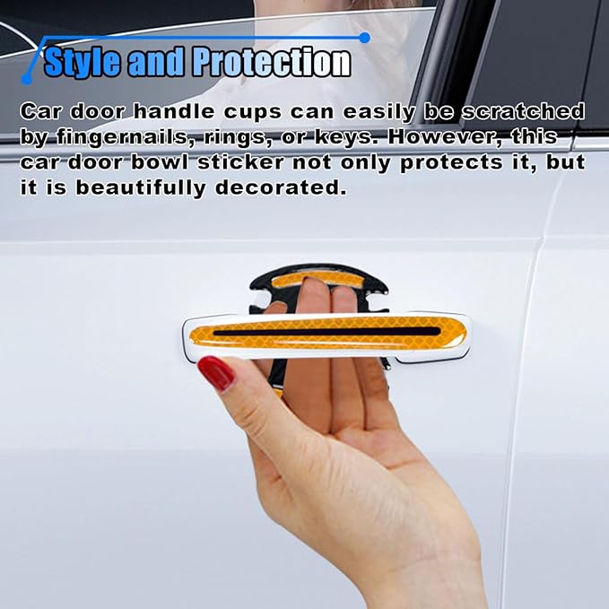 8PCS Reflective Car Door Handle Protector Sticker, Carbon Fiber Auto Door Handle Cup Paint Guard Protective Film, Anti-Scratches Car Door Handle Bowl Sticker, Self-Adhesive & Non-Marking(Yellow)