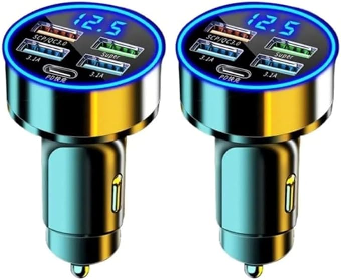 Car Charger 5 Port Cigarette Lighter USB Adapter LED Voltage Monitor (4USB+PD) Cigarette Lighter Adapter USB C Compatible with Android/iPhone and Tablets Devices (Pack of 2)