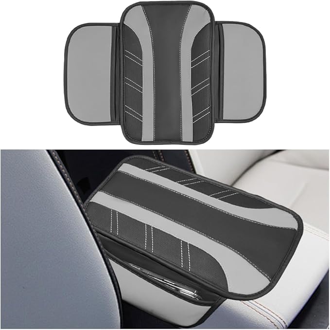 Car Center Console Cover, Soft Leather Sporty Armrest Protector Cushion with 2 Storage Pockets, Comfortable Auto Interior Middle Console Arm Rest Box Pad, Universal for Vehicles (Gray)