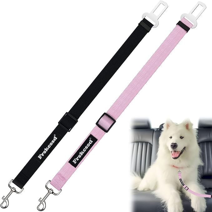2 PCS Dog Seat Belt for Car Frskcssd Adjustable Dog Car Harness Heavy Duty Nylon Dogs Safety Seat Belt (Black+Pink)
