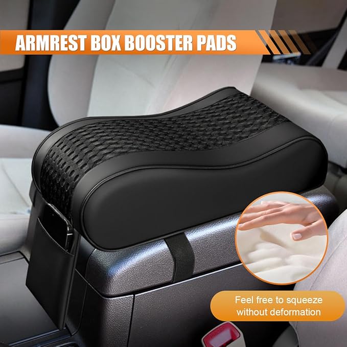 Car Armrest Cushion, Memory Foam Auto Center Console Armrest Pillow Pad with Storage Bag, Breathable Leather Car Middle Console Protective Pad with Phone Holder Relieve Elbow Pressure (Black)