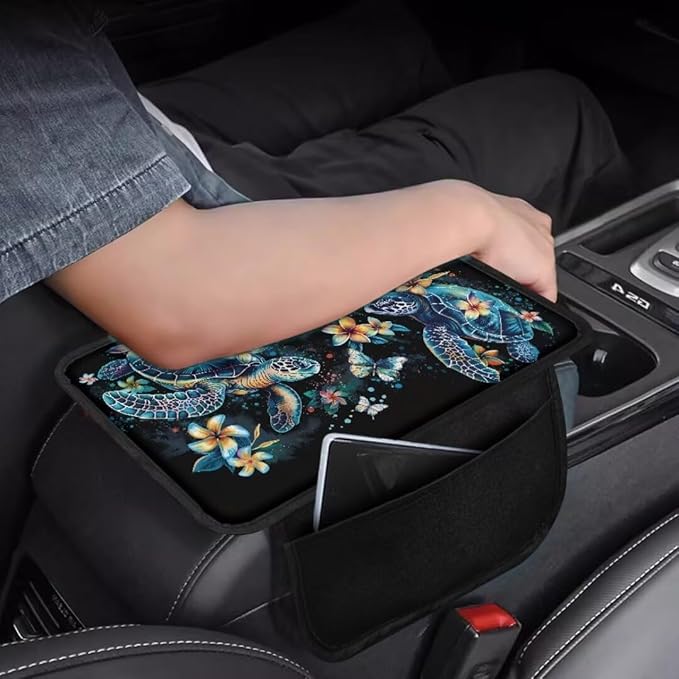 Boatee Flower Turtle Arm Rest Cover for Car Console Organizer Auto Center Console Cover Armrest Mat for Car Console Cushion Comfortable Interior Protector Automotive Armrest Seat Box Protector Black