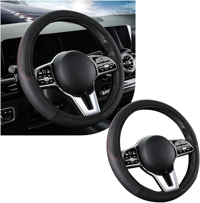 Car Steering Wheel Cover, 15 Inch Leather Breathable Auto Steering Wheel Protector, Comfortable Non-Slip Vehicle Steering Wheel Covers, Universal Interior Car Accessories (Black, AD)