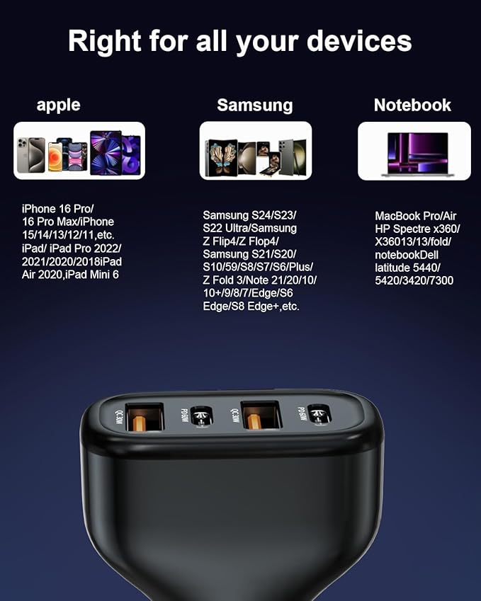 Fast Car Charger USB C, Cigarette Lighter Adapter, 4 Port 120W Dual Type C & USB A Car Charger Adapter PD/QC Fast Charging for iPhone 16/15/Pro Max, iPad, Samsung Galaxy, Pixel, Android