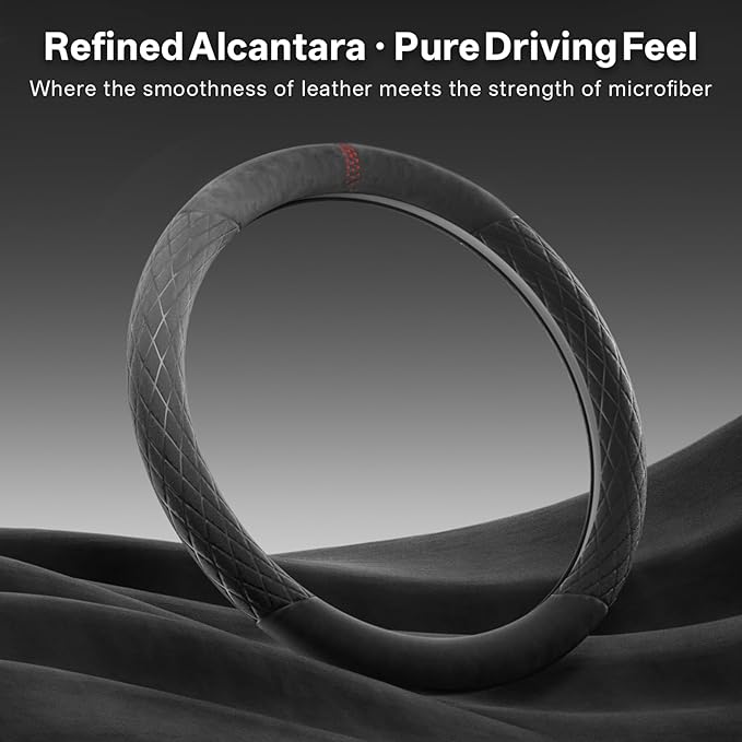 PAUUOOA Alcantara Sports Steering Wheel Cover 14.5" to 15" Fit - Anti-Slip Comfort Grip, Durable Soft Suede-Feel Luxury Material for Men Drivers | Fits Sports Cars, Luxury Cars, Sedans, SUVs and EV