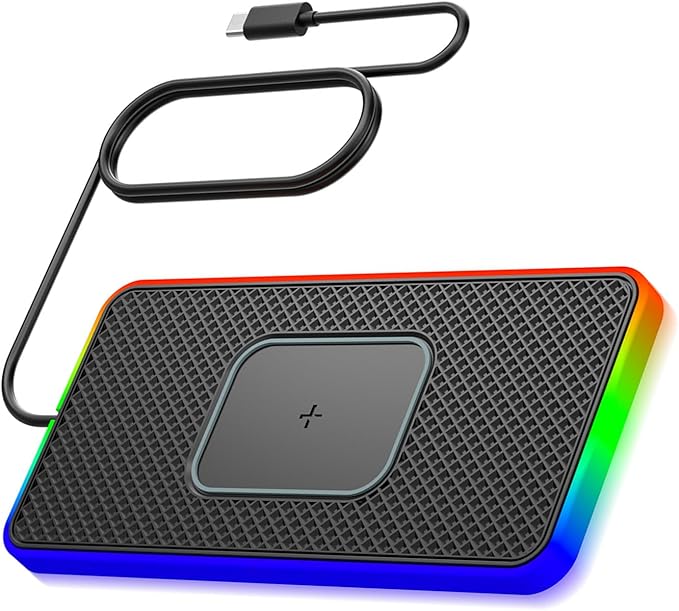 Wireless Charging Mat with RGB for Car, Wireless Car Charger Charging Pad 15W Non Slip Charger for Car Cell Phone