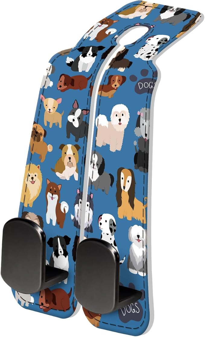 AXRQLSU PU Leather Car Seat Hook, Storage Headrest Hanger, Cute Car Backseat Organizer, Car Hooks for Purses and Bags Blue Cute Dogs