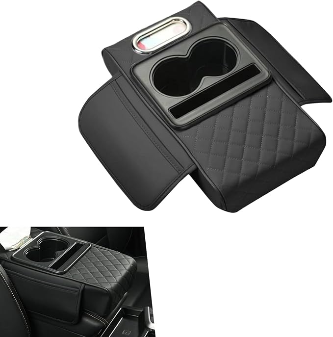 Car Armrest Cushion, 5-in-1 Center Console Cover Organizer, Multi-Functional Car Armrest Storage Box with 2 Cup Holder, Car Accessories Interior Organizers for Most Cars (Black)