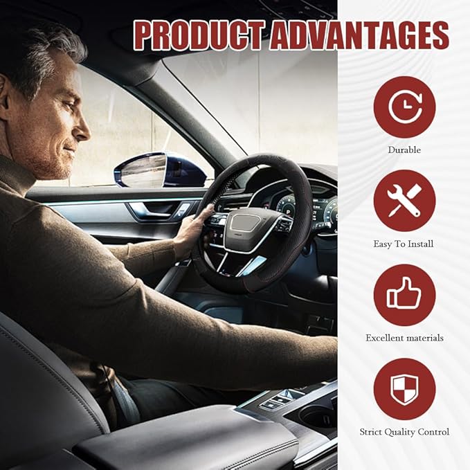 Car Steering Wheel Cover, Steering Wheel Protector, Universal 14.5-15 Inch Microfiber Leather Breathable Auto Steering Wheel Covers, Carbon Fiber Steering Wheel Cover for Women Men (Black)
