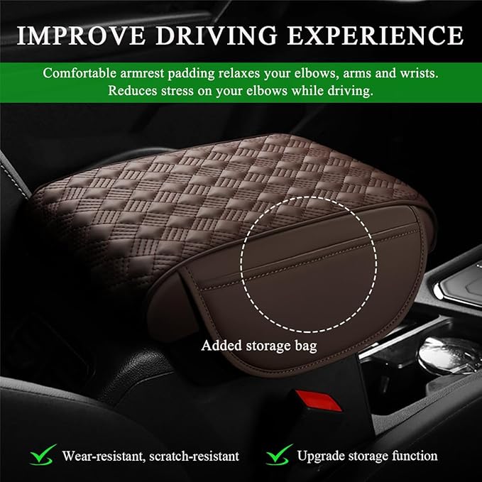 Car Armrest Cushion, 12.6"×8.7" Waterproof Leather Center Console Cover with Pocket, Auto Comfortable Memory Foam Middle Console Elbow Pillow Cushion Pad, Car Accessories (Coffee)