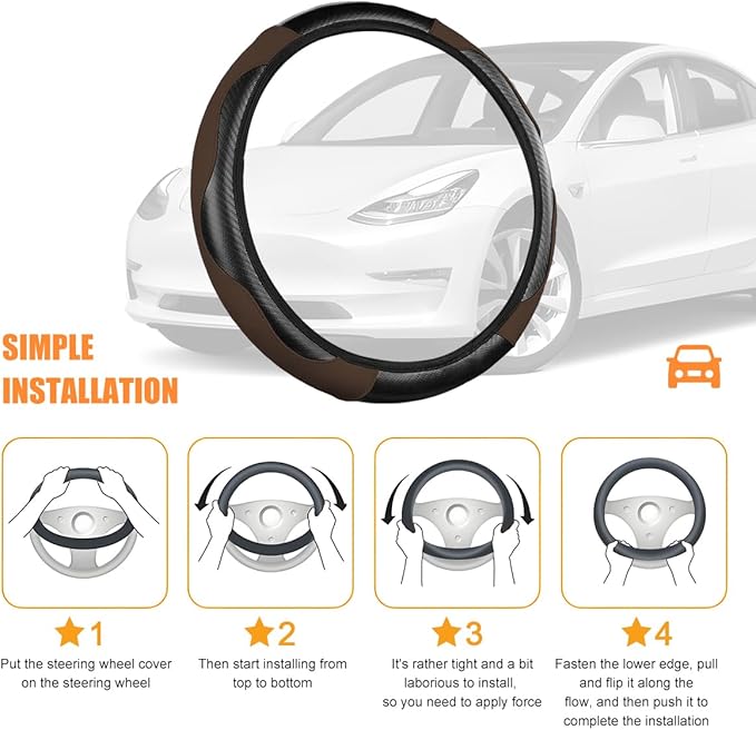 Carbon Fiber Car Steering Wheel Cover, 14.5-15 Inch Elastic Stretch Steering Wheel Guard, Sports Style Non-Slip Automotive Interior Accessories, Universal for Vehicles (Black/Coffee)