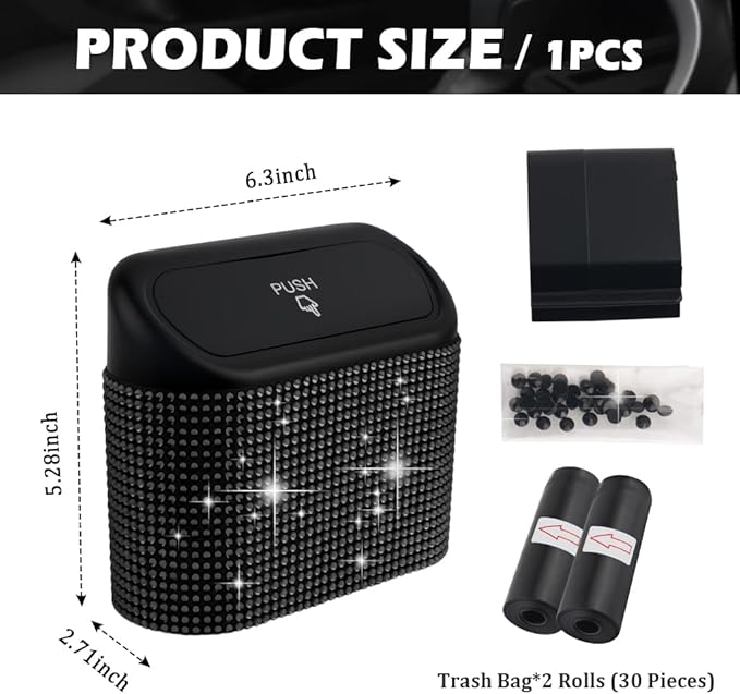 Car Trash Can with Lid & Rhinestones Design,Push-on Car Trash Bin for Storing Trashes Items & Cars Decor Includes 30PCS Trashes Bag,Shiny Cars Garbage Can with Back Clip for Side Door (Black Diamond)