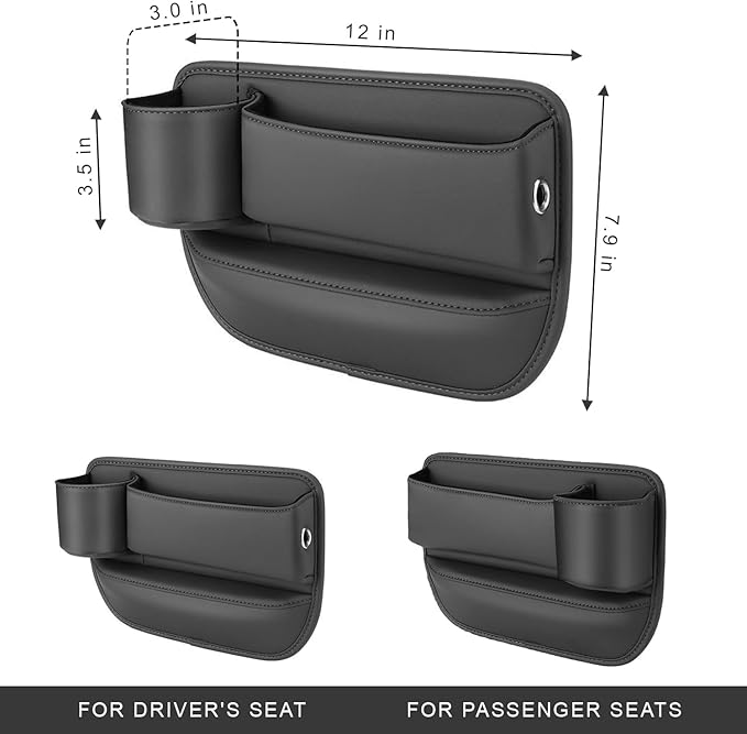 Coneati 2-Pack Car Leather Cup Holder Gap Bag, Adjustable Car Seat Gap Storage Box Leather with Cup Holder for Phones Glasses Keys Cards (Beige. Driver- Passenger)