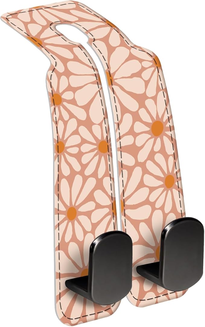 AXBSAKDI Car Seat Back Storage Headrest Hook, Premium Leather Double Metal Hook, Hanger Storage Organizer for Purse Cloth Bag, Car Interior Accessories Cute Boho Flowers
